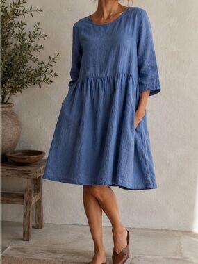 LEN OK Relaxed Gathered Midi Dress in Dusty Blue 100%Linen V3